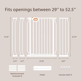 owlie 37.4" Extra Tall Wide Baby Gate for Stairs Doorways,29-52 Inch Extra Large Long Baby Gate with Door Indoor Safety Metal Pressure Mounted Pet Gate with Walk-Thru Auto Close, White