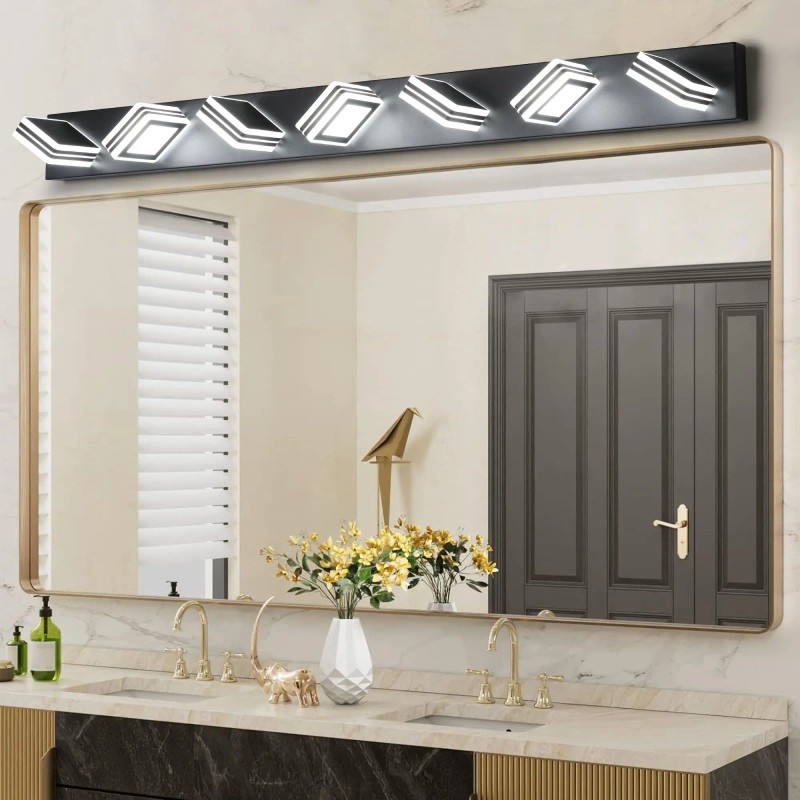 Modern 45\" Black 7-Light LED Vanity Fixture Square Acrylic Lampshades