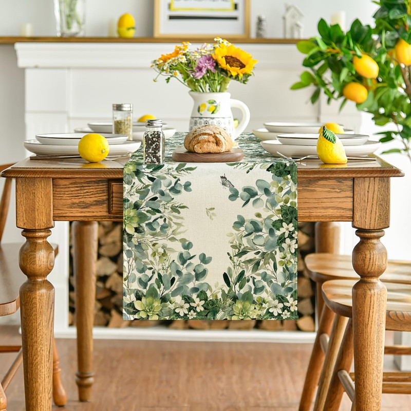 Artoid Mode Eucalyptus Leaves Spring Table Runner, Seasonal Summer Kitchen