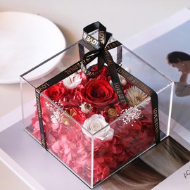 FIZOZI Eternal Rose Acrylic Cube - 15cm Preserved Floral Women | Anniversary, Birthday, Valentine's Day | 5 Colors (Red/Pink/Blue/Purple/Yellow) with Gift Box