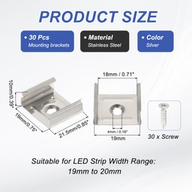 PATIKIL LED Strip Clips, 30pcs Stainless Steel Mounting Brackets Fixing Clip Clamp Support Holder with Screws for 19mm to 20mm LED Strip Lighting Cable