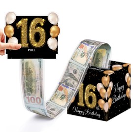 VIVORA 16th Birthday Money Box for Cash Pull, Happy Birthday Black Gold Boxes Gifts for Money Pull Out Card, 50Pcs Transparent Bags
