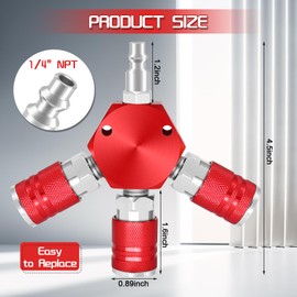 FANOVO 3 Way Air Hose Splitter,Red Air Manifold,Air Compressor Splitter 1/4 NPT Coupler, Flat Hex Manifold Air Couplers and Quick Connect Plug,with 1/4"" NPT I/M Industrial Type Swivel Air Plugs (A)