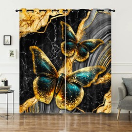 AILONEN Beautiful Butterfly Window Curtains, Golden Wings Tiers for Girls, Kids, Watercolour Print Treatment for Bedroom Living Room, 38" W x 54" H (2 Panels)