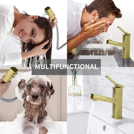 KAIYING Bathroom Sink Faucet with Pull Out Sprayer, Single Handle Basin Mixer Tap for Hot and Cold Water, Lavatory Pull Down Vessel Sink Faucet with Rotating Spout (Regular,Brushed Champagne Gold)