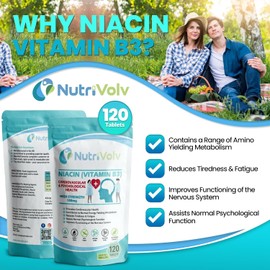 Nutrivolv Niacin Supplement Tablets | 100mg | Flush Formula | Pure Nicotinic Acid | Reduces Fatigue | Supports Healthy Cholesterol | Vitamin B3 for Men & Women | Vegan | Halal | Kosher | 120 Tablets