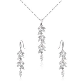 Clearine Women's Sparkle Cubic Zirconia Silver Plated Marquise-Cut Leaf Vine Necklace Drop Dangle Earrings Jewellery Set for Wedding Bridal Bridesmaids