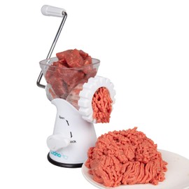 Manual Meat Grinder - Mincer w 2 Stainless Steel Plates, Sausage Attachment, Press, Heavy Duty Suction Base and Dishwasher Safe Design- Make Homemade Sausage, Ground Beef Burger Patties or Hamburgers