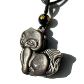 Bella Jade Fox Pendant Necklace Amulet/Talisman, Made of Silver Sheen Obsidian, with Necklace Cord