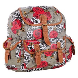 Eye Catch TM - Womens Oil Cloth Skull Roses Backpack Rucksack Girls School Bag Grey