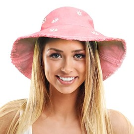 TOSKATOK Ladies Womens UPF 50+ Soft Washed Cotton Bucket Sun hat with Embroidered Daisy Motifs, Shapeable Brim and Frayed Edge-3 Pink
