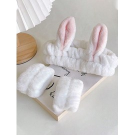 Facial Face Wash Headband, Skincare Wrist Bands For Washing Face Set Spa., Cute White Ears Elastic Headband, For Face Washing Makeup Skincare (White, Pastel Pink, Pink, Pastel Blue) (white, standard)