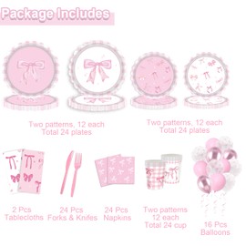 164 Pcs Pink Bow Birthday Supplies Coquette Birthday Decorations, Bow Plates Napkins Cups Banner Tablecloth Balloons Bow Theme Tableware for Girls Bachelorette Party Baby Shower Decor, Serve 24