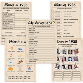 90th Birthday Party Games, Set of 5 Activities for 10 Guests, Born in 1935 Games Bundle, Birthday Party Supplies for Adults, Pack of 50 Cards