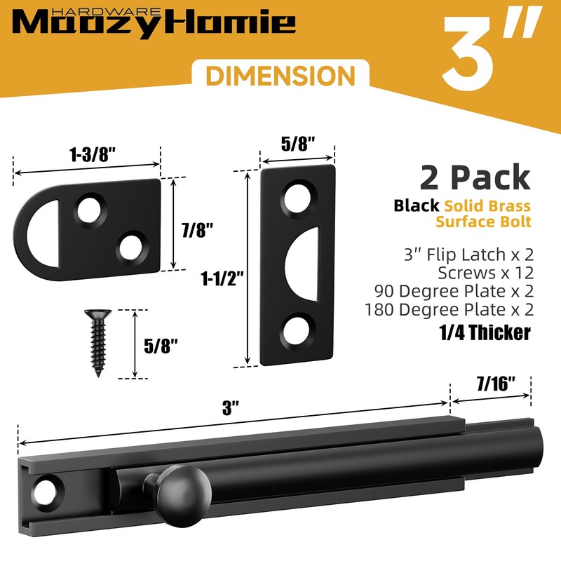 MaozyHomie 3 Inch Solid Brass Surface Bolt, Heavy Duty Concealed