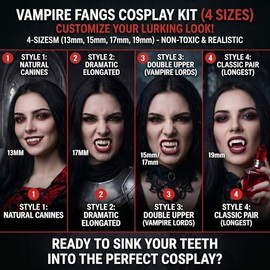 12 Pares Disfraz de Dientes de Vampiro 4 Tamaño Colmillos Dientes Falsos con 2 Pellets de Dientes para Fiesta de Disfraces Fiesta de Halloween Favores