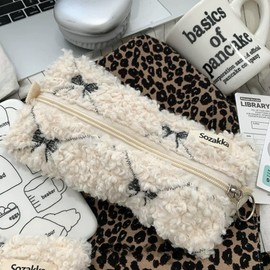 Uoocg Embroidered Bow Pencil Case Plush Case Pens Student Stationery Organiser Bag Adult Portable Pencil Case for School Girls