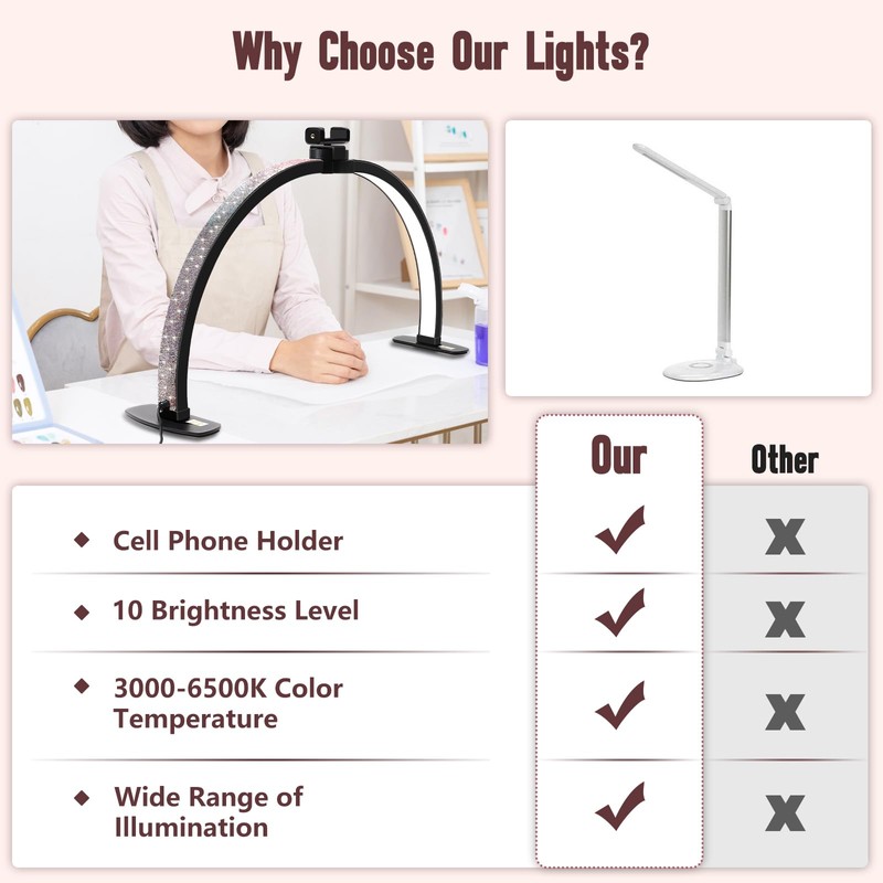 Half Moon Light for Nail Desk with Phone Holder, 29IN