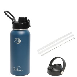 Yerbam 32oz Stainless Steel Insulated Water Bottle One-Touch Open Chug Lid & Covered Straw Lid Wide Mouth Direct Drink Dishwasher Safe Leakproof Sweat-Free BPA-Free (Paisley Blue)