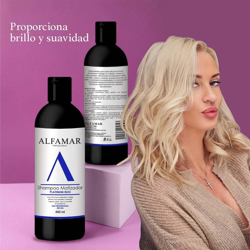 Shampoo Matizador Platinum Bleu Alfamar - Neutraliza Tonos Amarillo, Verde
