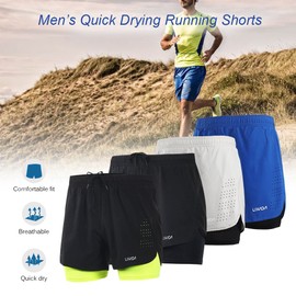 Lixada Men's 2 in 1 Sports Shorts, Quick Dry Breathable Running Shorts with Longer Lining