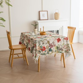 Erbnaryx French Country Beige Tablecloth for Square Tables,Fringed Edges with Leaves and Flowers Pattern Tablecloths,Farmhouse Floral Table Cover Cloth Decorative for Kitchen Dining Room,59"x 59"