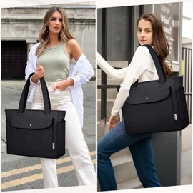 Tote Bags for Women Large Corduroy Shoulder Bag with Zipper Compartment Lightweight Work Tote Purse with Pockets Stylish Ladies Teacher Handbags for College Travel Shopping Office, Black