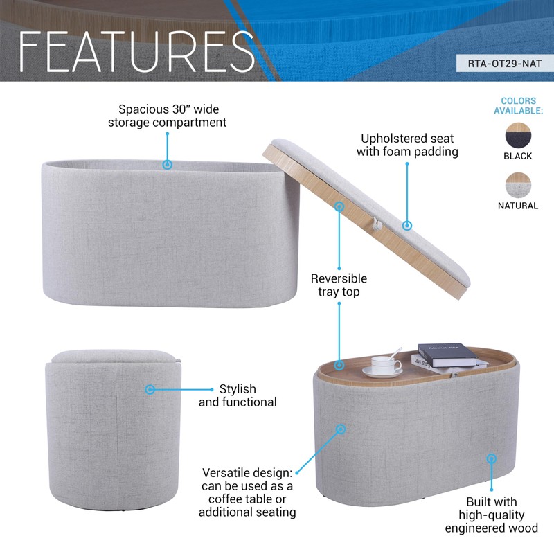 Techni Home Storage Ottoman with Reversible Tray Top, Natural