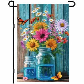 BlissYard Welcome Spring Garden Flag Double Sided 12x18 Inch Spring Summer Garden Flags Wildflowers In Mason jars Spring Garden Flag Seasonal Rustic Yard Lawn Holiday Outdoor Decor Banner