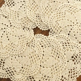 Gracebuy Set of 8PCS Beige 7 Inch 100% Cotton HANDMADE Crochet Lace Placemats Coasters