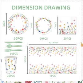 141Pcs Wildflower Party Decorations Spring Floral Birthday Decorations for 20 Guests - Tableware Plates and Napkins Forks Cups Straws Tablecloch for Baby Shower Party Decorations