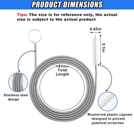 DUSCOKE 61 Inch Flexible Long Drain Brush, Nylon Stainless Steel Flexible Feeding Tube Cleaning Brush, Elastic Slim Hose Pipe Brushes Auto Sunroof Drain Hole Cleaning Tool for Car Home Fridge (White)