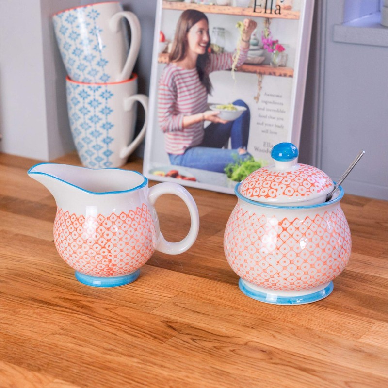 Patterned Milk Jug 300ml & Sugar Pot/Bowl Set - Orange/Blue