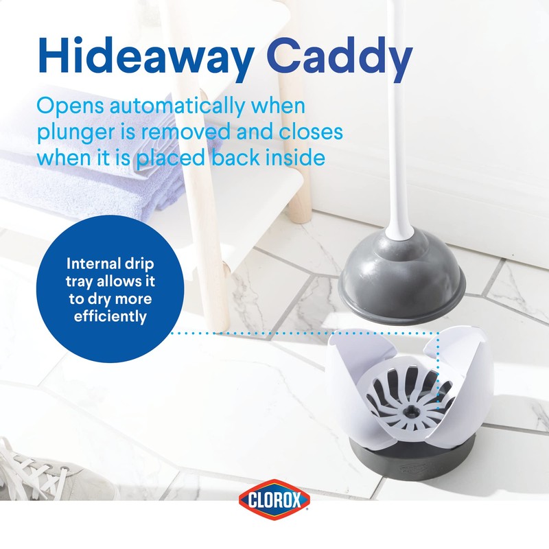 Clorox Toilet Plunger with Hideaway Holder Caddy Heavy-Duty Compact Design