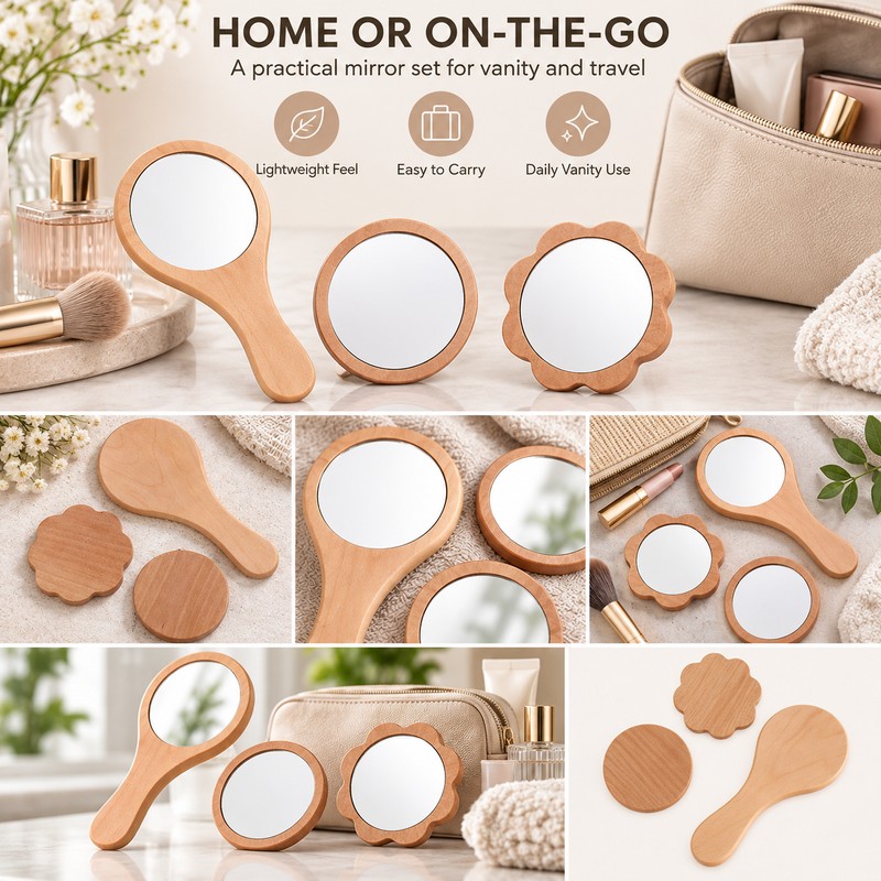 Wooden Hand Mirror for Makeup & Grooming – Portable Handheld