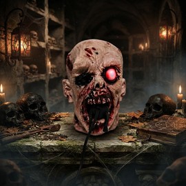 Realistic Zombie Head Sculpture - Halloween Horror Decor with Glowing LED Eye
