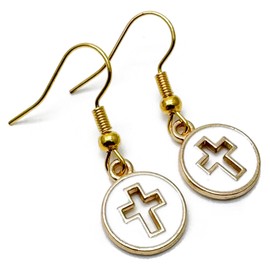White Cross Earrings, Round Enamel Charm Beads on Nickel Free Gold Tone Hooks : 32mm long, Christian Faith Jewellery Gift for Women, Hollow Cross Drop Earrings