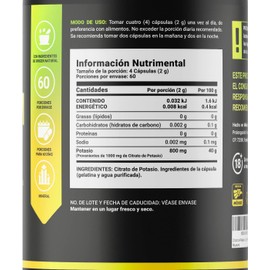 B Life Company Citrato de Potasio 800 mg de Potasio (Provenientes de 1000 mg). Ingredientes Naturales de 240 Cápsulas. Potassium Citrate