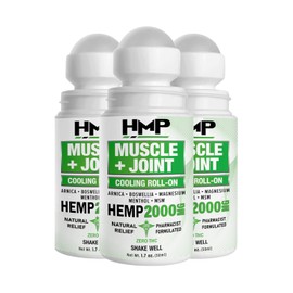 HMP Muscle & Joint Cooling Roll On - 2000MG Natural Formula with Menthol & Arnica - Fast Acting Hemp Support for Back, Shoulder & Knee - Made in USA (3 Pack)