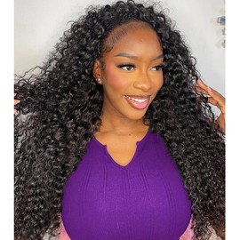 Deep Wave Curly Half Wig Human Hair 200% Density Upgrade Drawstring Seamless Flip Over 3 In 1 Half Wigs for Women Wear and Go No Glue No Lace Glueless Headband Wigs Beginner Friendly 28 Inch