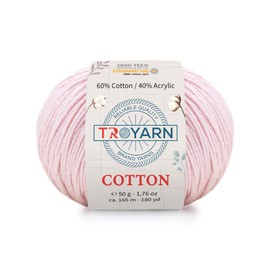 Troyarn Cotton 60% Cotton 40% Acrylic Yarn, Soft, Fine/Sport (2) for Crochet and Knitting 1.76 Oz (50g) / 180 Yds (165m) (10311 - Pink)