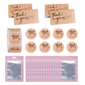630 Pieces Thank You Cards and Stickers Set with 30pcs Resealable Packaging Bag 500pcs Small Business Roll Stickers 100pcs Thank You Business Card for Business (Pink)