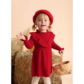 BesserBay Little Girls Winter Autumn Cozy Warm Cute Red Ribbed Knit Ruffle Collar Sweater Dress 4 Years