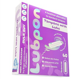 LUBPON 60 Organic Tampons with Specially Formulated Lube and Finger Covers. Non-Applicator (Bulk Buy ~5 Months Supply, 60 Regular)