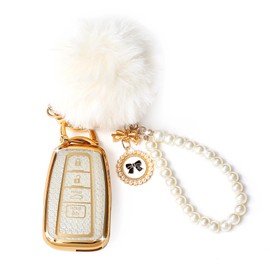 YILINXI Compatible with Toyota Key Fob Cover with Pom Pom Keychain, Car Key Shell Accessories for 2018-2024 Highlander RAV4 Camry Avalon C-HR Corolla GT86 Remote Smart Key for Women, Silver-4 Buttons