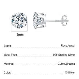 RoseJeopal Silver Stud Earrings for Women, 925 Sterling Silver Cubic Zirconia Stud Earrings, Hypoallergenic Sleeper 6mm Big Studs Earrings