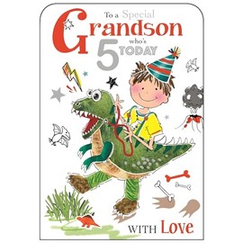 Grandson 5th Birthday Card - Age 5 - Dinosaur Boy - Special Finishes and Illustrated Insert Leaf - Made in the UK - Eco-Friendly