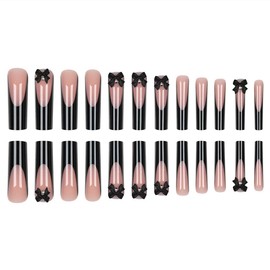 Foccna Black Press on Nails Long, Extra Long Clear Fake Nails French Square Acrylic False Nails,Artificial Nails for Women and Girls 24 pcs