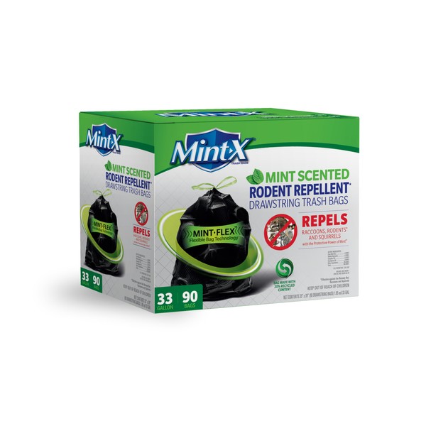 Mint-X Rodent Repellent Outdoor Home and Industrial Trash Bags with Drawstring & Mint-Flex Technology; 33 Gallon, 90 Count, Black