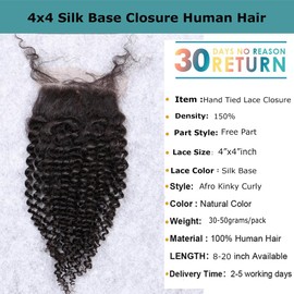 Kiss darling LASHES Afro Kinky Curly Silk Closure Human Hair,4X4 Silk Base Invisible Skinlike Lace Closure Free Part 18inch,4C Curly Fake Scalp Lace Human Hair Toppers Closure